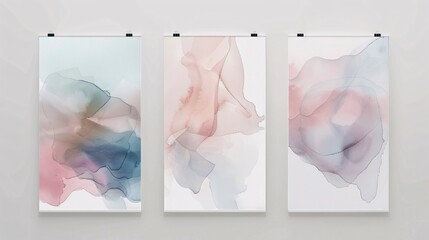 A set of three modern abstract art posters featuring delicate watercolor designs, displayed side by side on a clean white wall. Each poster showcases fluid, organic shapes in soft pastel hues,