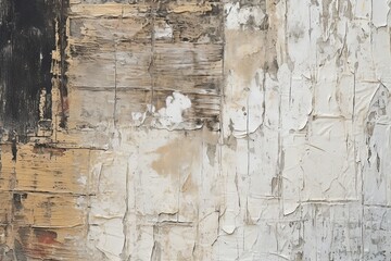 
Recycled newspaper art, blending dark gray hues with a golden palette on weathered materials, forming a mural 