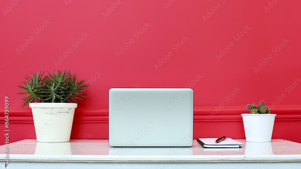 Poster minimalist business workspace with laptop and plants on symmetrical desk against red background