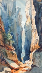 Watercolor painting of a valley between rocky mountains and steep cliffs. Use for phone wallpapers, posters, postcards, brochures.