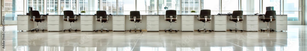 Aufkleber efficiency in innovation modern office with symmetrical layout, windows, and high-tech desks, emphas