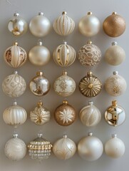 Elegant Array of White and Beige Christmas Tree Ornaments in a Festive Flat Lay Composition