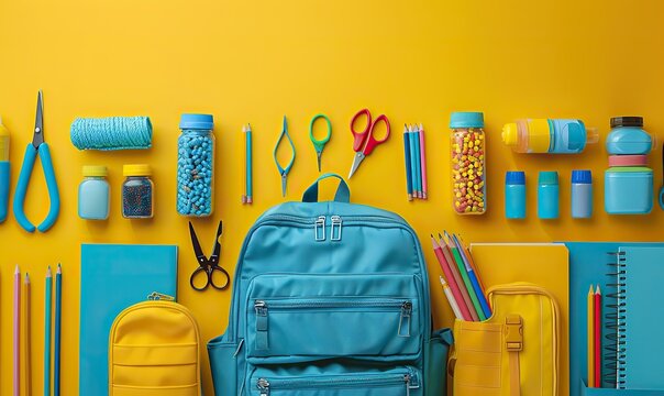 open backpack filled with colorful school supplies such as pencils markers scissors and notebooks in donation box on a pastel yellow background donation.illustration