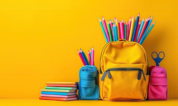 open backpack filled with colorful school supplies such as pencils markers scissors and notebooks in donation box on a pastel yellow background donation.image