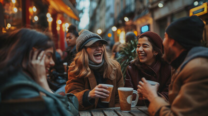 Obraz premium Friends Enjoying Coffee Cozy Café