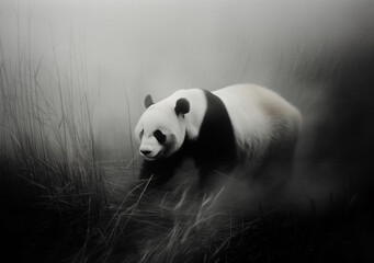 Cinematic Panda in bamboo forest, black and white photography