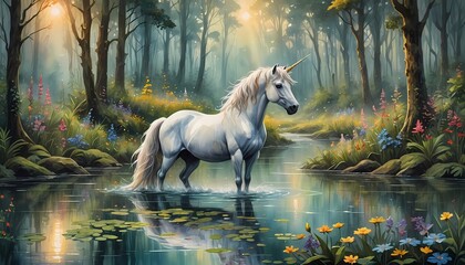 Magic white serene Unicorn in the river with wildflowers amid a mythical forest at dawn, Generative AI