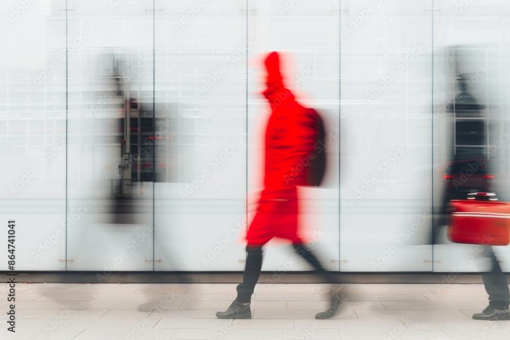 Poster Vibrant Red-Suited Blur in Symmetrical Setting A Study in Abstract Motion and Style with Contrasting Figures