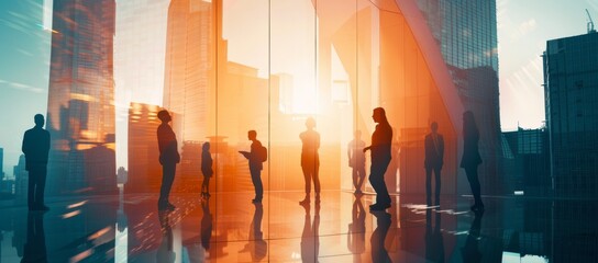 Business Professionals Standing in Modern Office with Cityscape Background, Double Exposure Effect Emphasizes Collaboration,Soft Daylight Highlights Silhouettes, CorporateTeamwork Goals Representation