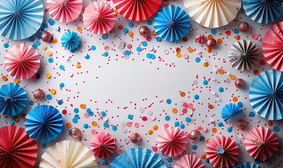 usa federal holiday banner design flat lay composition with american flag color paper fans and firework rockets on white background happy independence day presidents day labor day.photo stock