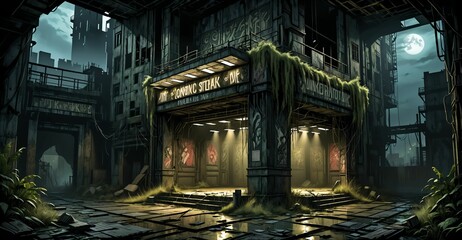 old abandoned building theatre house post apocalyptic ruins. overgrown architecture exterior at night.