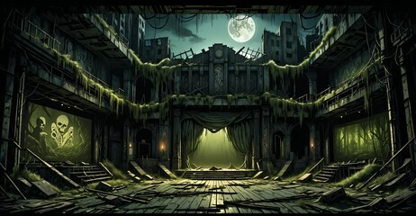 Obraz premium old abandoned building theatre house post apocalyptic ruins. overgrown architecture exterior at night.