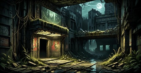 old abandoned building theatre house post apocalyptic ruins. overgrown architecture exterior at night.