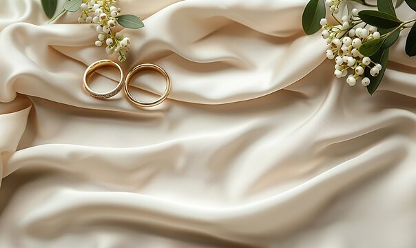 wedding invitation card mockup wedding envelopes rings on beige cloth flat lay top view.image