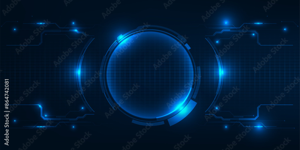 Poster futuristic blue digital high technology with circle hud and digital circuit element pattern for game