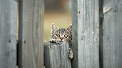 A curious cat peeks out from behind the wooden fence next to the house. His eyes were filled with a suspicious look. This scene captures the cat's cautious but curious nature. or rustic charm