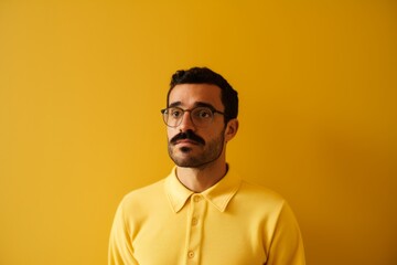 Fototapeta premium handsome bearded man in eyeglasses looking at camera isolated on yellow
