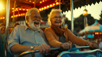 A couple of happy elderly people ride a carousel in an amusement park at sunset. Family weekend. They smile and laugh