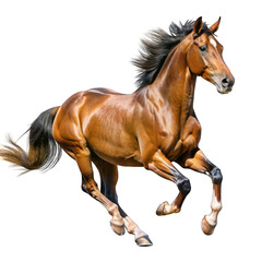Brown horse running at high speed isolated on transparent background