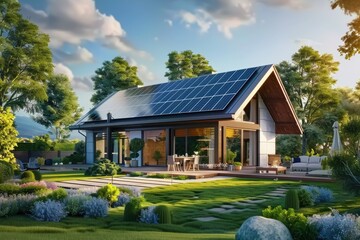 Modern Suburban Home with Solar Panels on Roof. Eco-Friendly Passive House with Landscaped Yard on Sunny Day