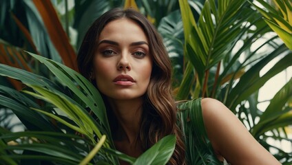 Naklejka premium Beautiful woman with tropical leaves on color background.