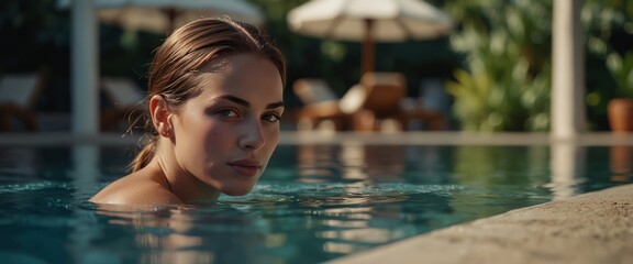 holidays travel, woman relaxing in swimming pool of luxurious hotel resort.