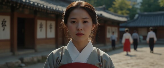 Korean lady in Hanbok or Korea gress and walk in an ancient town.