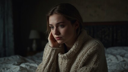 Lonely young woman in knitted wool sweater feeling depressed and stressed sitting head in hands in the dark bedroom, Negative emotion and mental health concept.