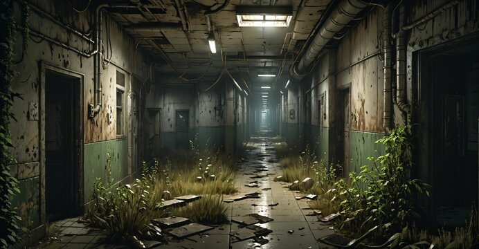 abandoned building hallway hall in mental asylum hospital apartment hotel long corridor ruins. post apocalyptic horror interior ambience. overgrown derelict.