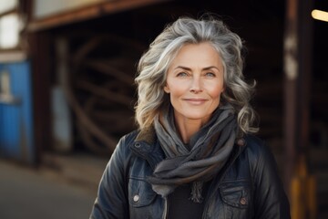 Portrait of a beautiful middle-aged woman in a leather jacket and gray scarf