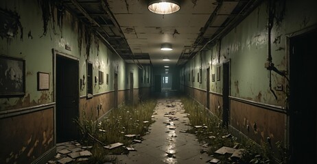 abandoned building hallway hall in mental asylum hospital apartment hotel long corridor ruins. post apocalyptic horror interior ambience. overgrown derelict.