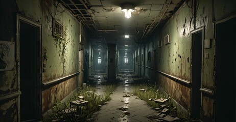 abandoned building hallway hall in mental asylum hospital apartment hotel long corridor ruins. post apocalyptic horror interior ambience. overgrown derelict.