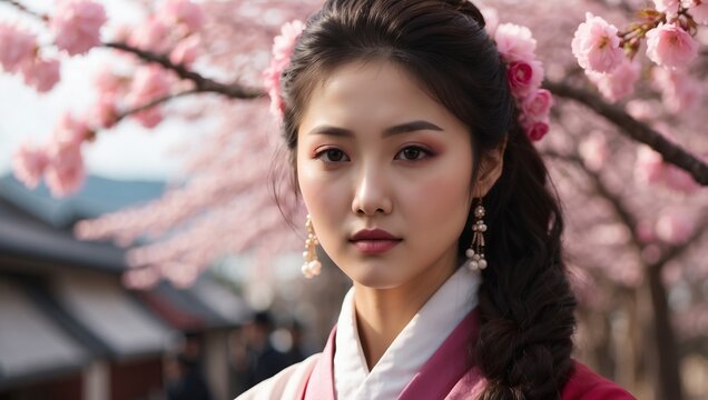 Korean woman in Hanbok is watching cherry blossom during sring in Korea.