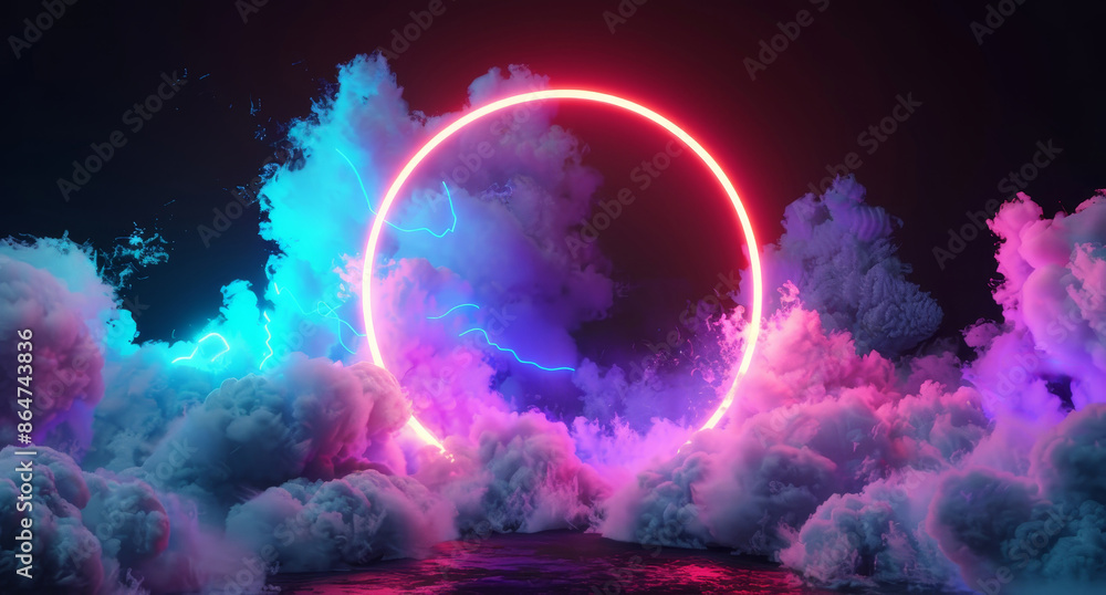 Wall mural a glowing circle is surrounded by clouds in a dark sky by ai generated image