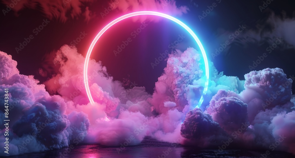 Wall mural a glowing circle is surrounded by clouds in a dark sky by ai generated image