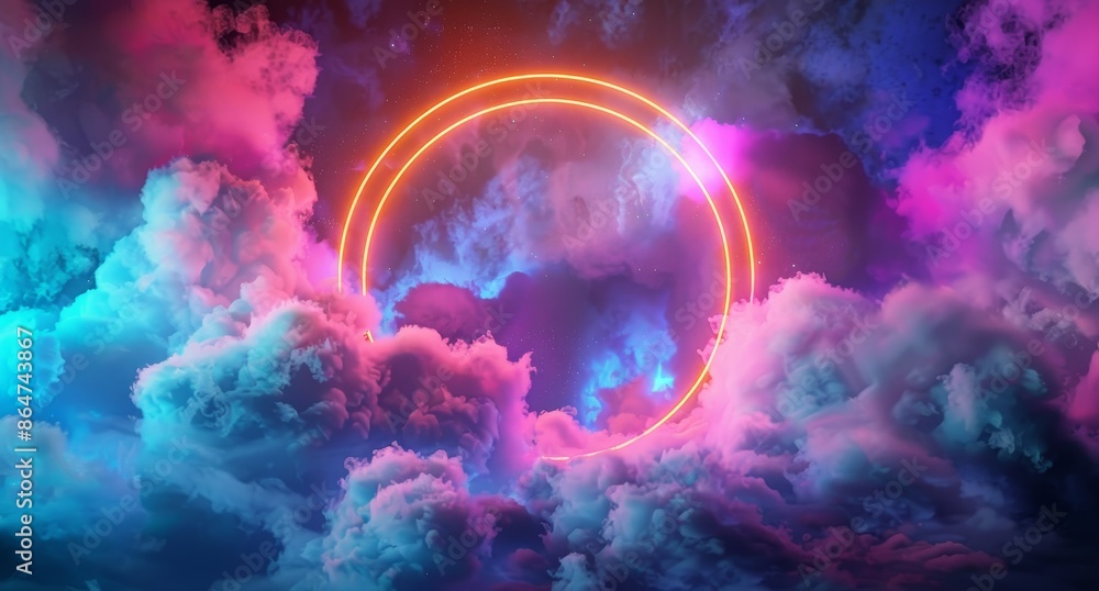 Sticker a glowing circle is surrounded by clouds in a dark sky by ai generated image