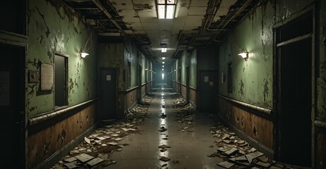 Fototapeta premium abandoned building hallway hall in mental asylum hospital apartment hotel long corridor ruins. post apocalyptic horror interior ambience. overgrown derelict.