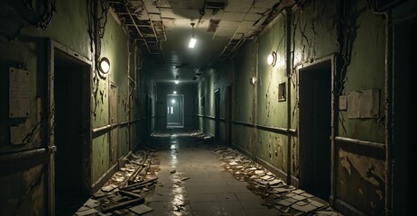 Fototapeta premium abandoned building hallway hall in mental asylum hospital apartment hotel long corridor ruins. post apocalyptic horror interior ambience. overgrown derelict.