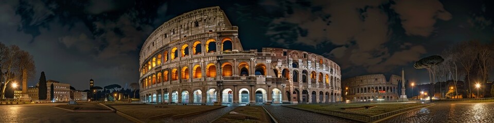 Fototapeta premium The Colosseum illuminated at night: an iconic Italian landmark in Rome. Concept Italy landmarks, night photography, Colosseum, Rome, lighting, travel, exclusive, relaxation, retirement life, generated