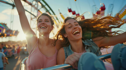 Two young happy women are riding a roller coaster and laughing. Summer entertainment at the amusement park. Cute lesbian couple on vacation