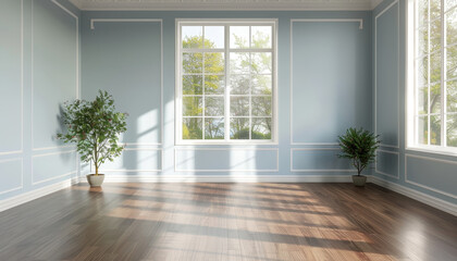 Obraz premium A large empty room with two windows and two potted plants by AI generated image