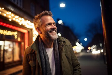 Fototapeta premium Portrait of a handsome smiling man in the city at night.