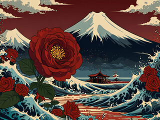 Mount Fuji, big waves and roses