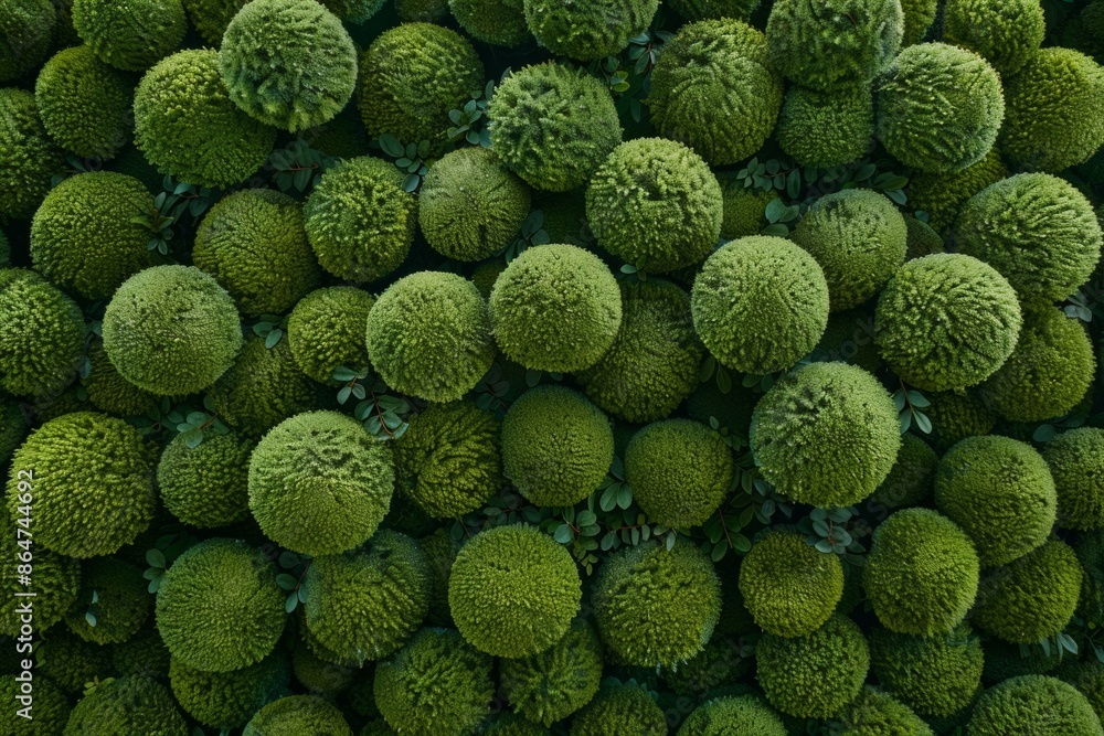 Poster symmetrical aerial view of green topiary balls in a geometric pattern with subtle pastel tones