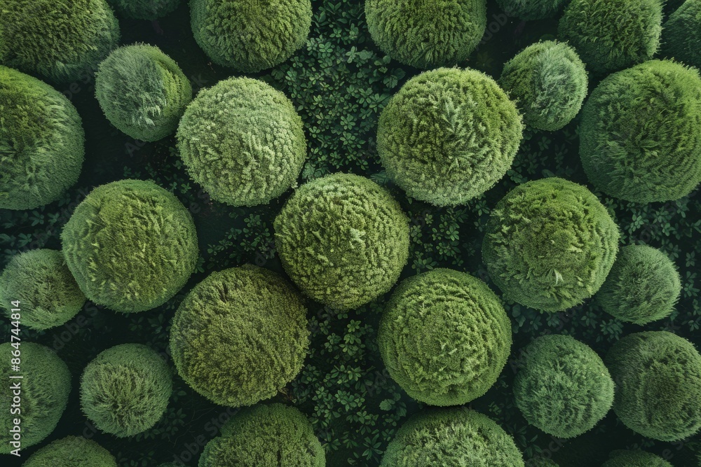 Poster aerial symmetry of green topiary balls in bright daylight a geometric pattern display