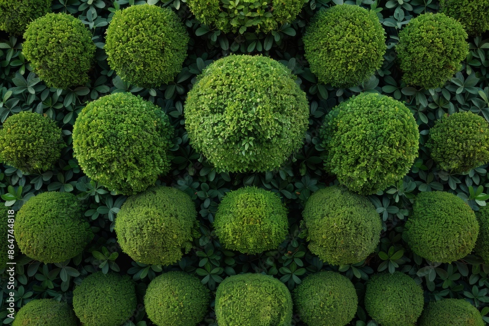 Poster symmetrical aerial view of lush green topiary balls in bright daylight accentuating textured pattern