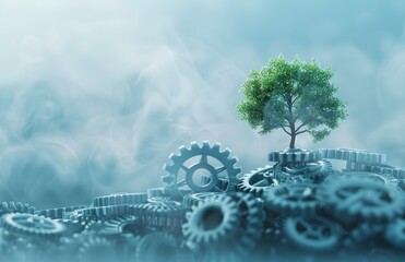 A tree is growing on top of a gear by AI generated image