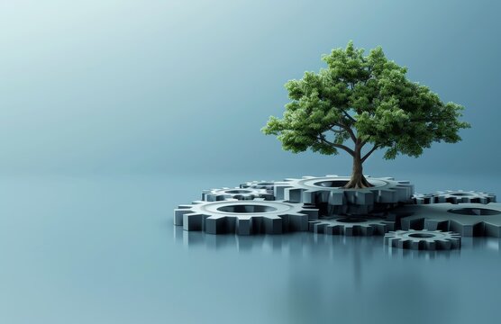 A tree is growing on top of a gear by AI generated image