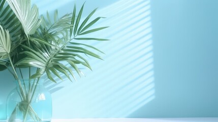 Palm Leaves In A Glass Vase Against A Blue Wall