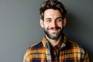 Fototapeta premium Portrait of a handsome man with beard and mustache smiling at the camera